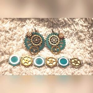 Hand crafted Bracelet and earring set, kinetic gears and wood on earrings